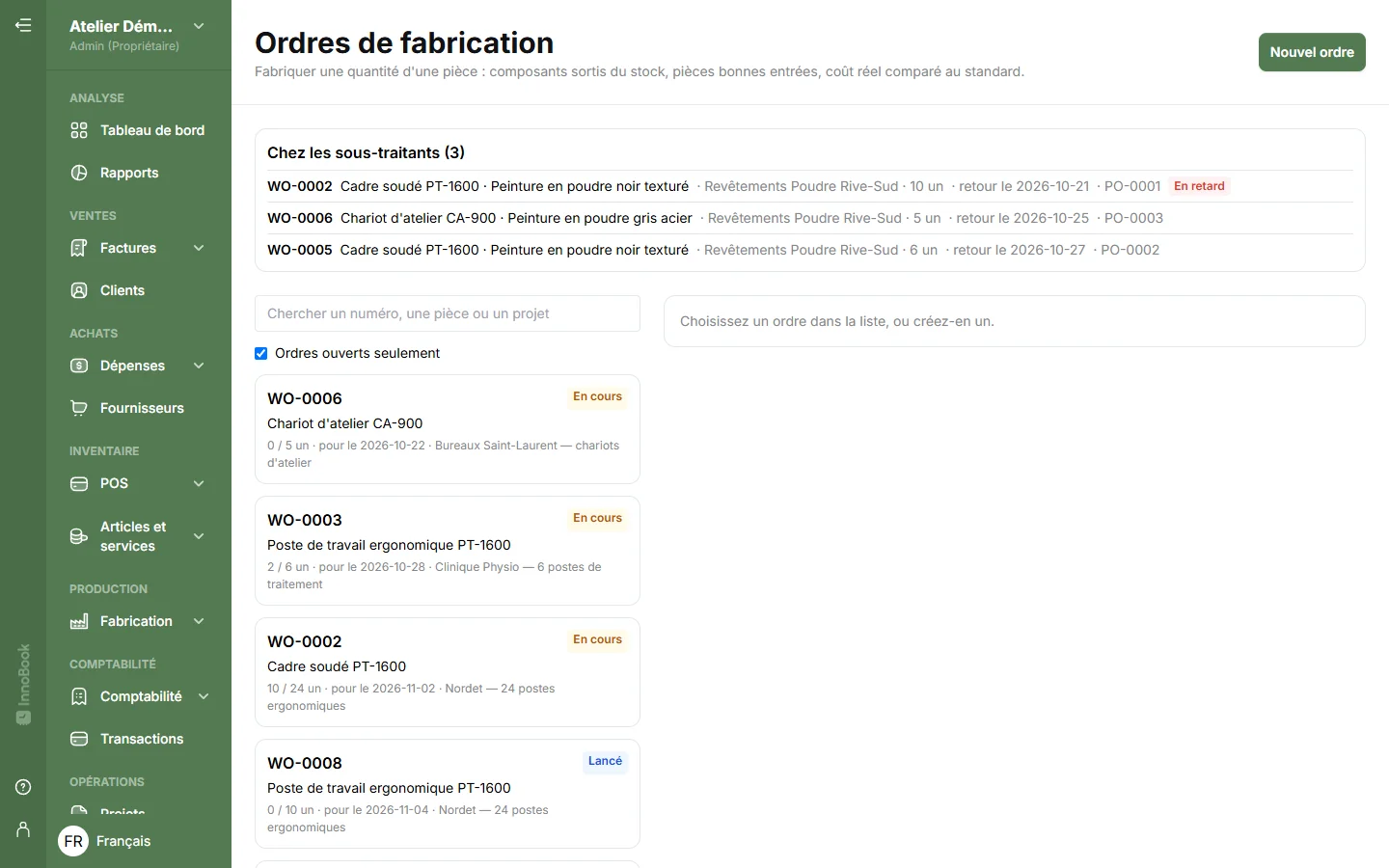 Liste des ordres de fabrication avec le bloc Chez les sous-traitants : pièces parties en peinture, date de retour prévue et un retour en retard