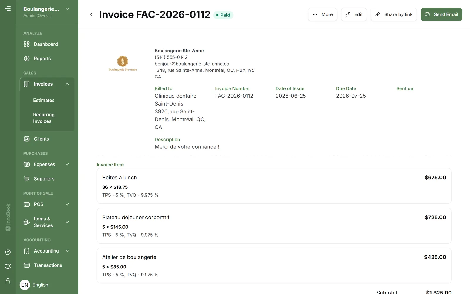Paid InnoBooks invoice with its items and taxes