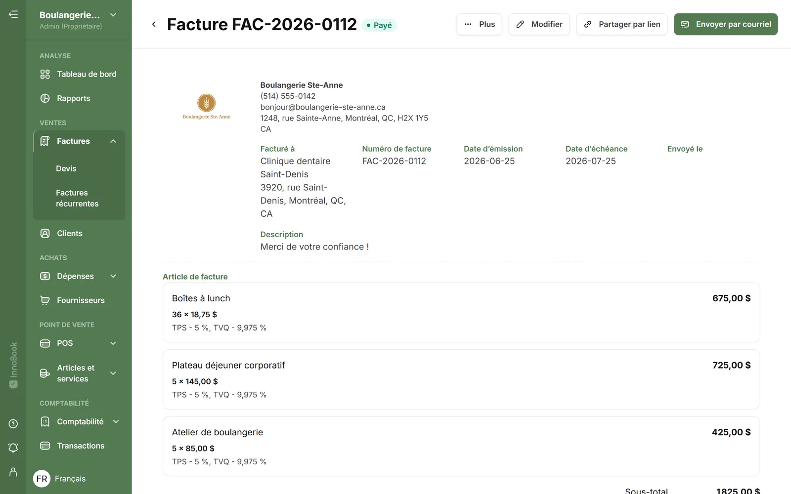 Facture InnoBooks payée avec ses articles et ses taxes