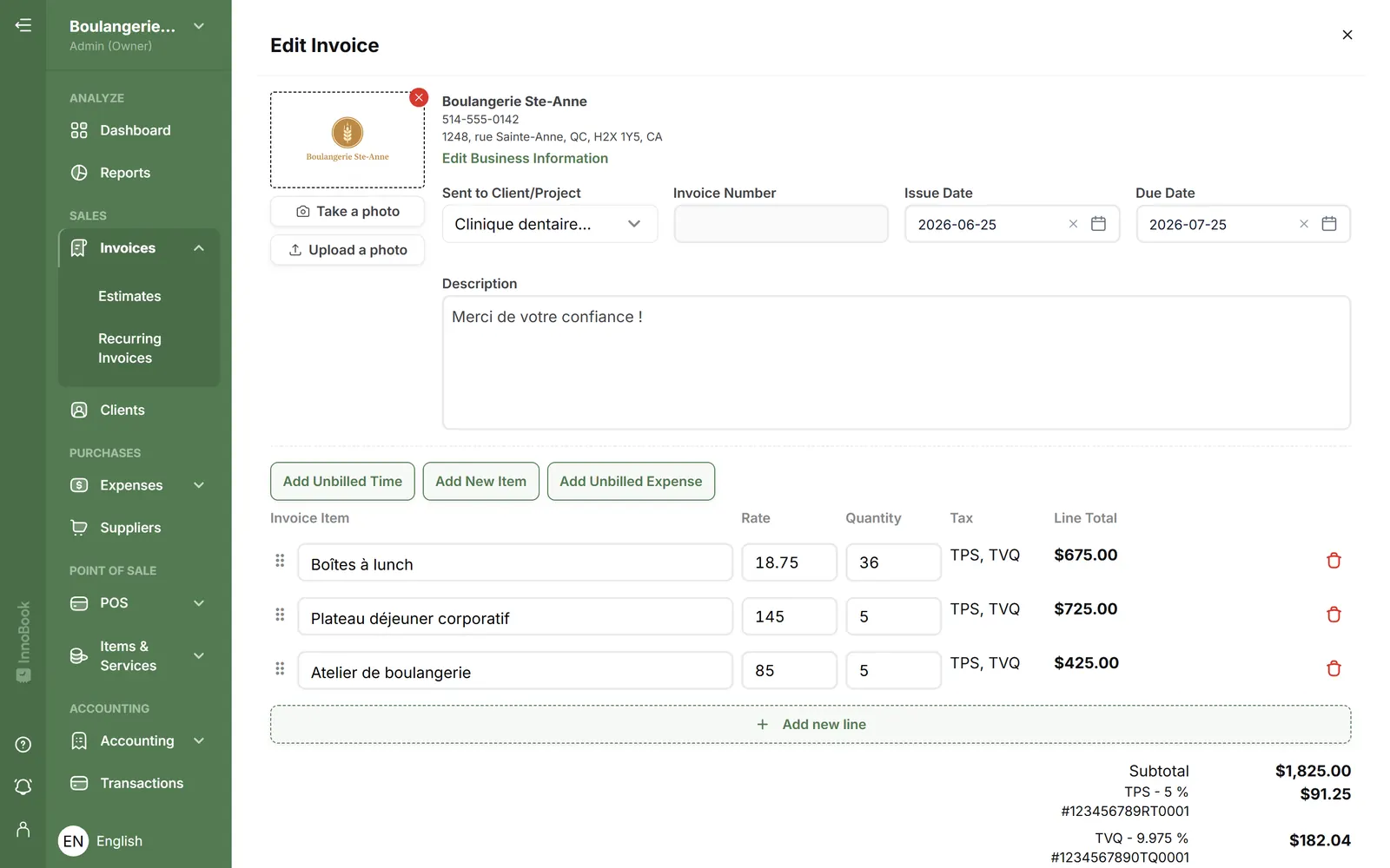 InnoBooks invoice editor: lines, GST and QST, adding unbilled time and expenses