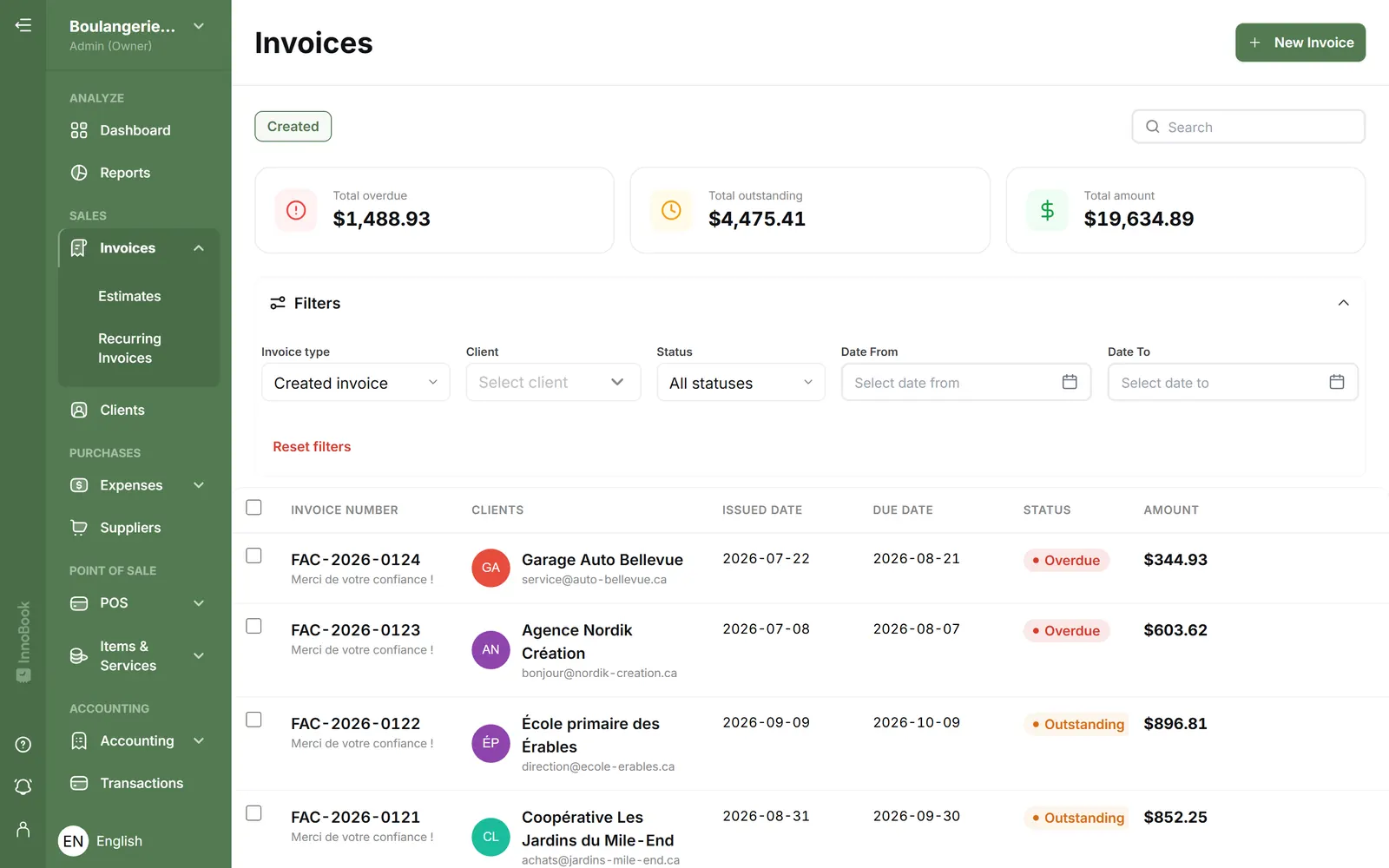 InnoBooks invoice list with statuses, due dates and amounts