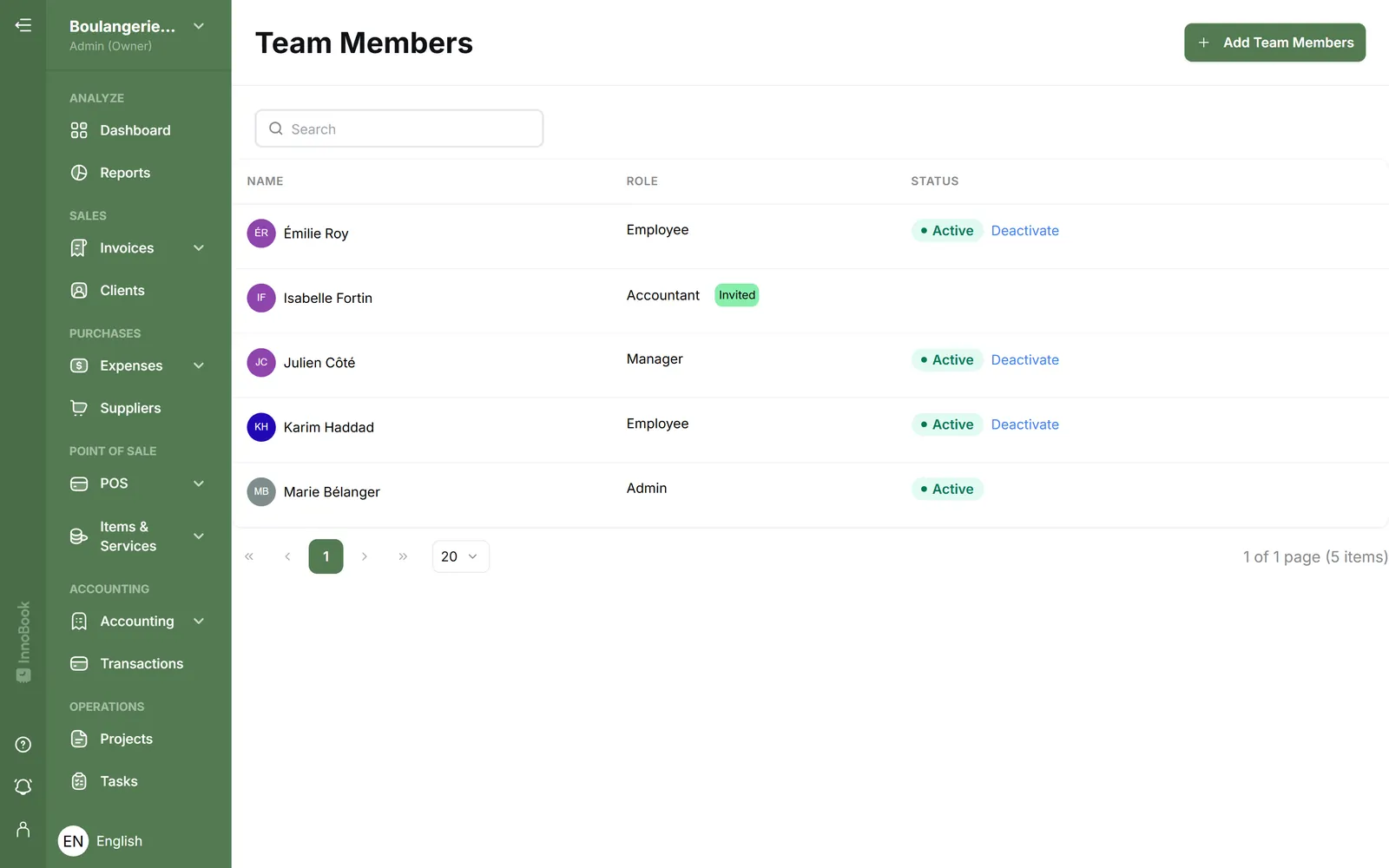 InnoBooks team members with their role and invitation status