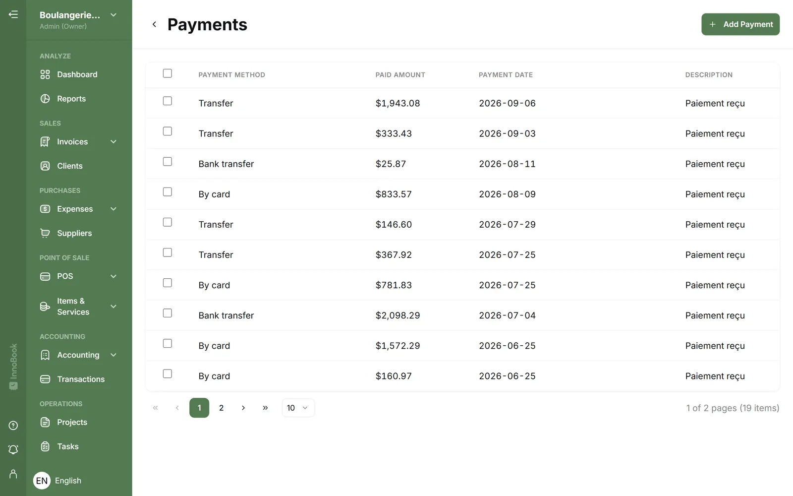 InnoBooks payment list by payment method and date