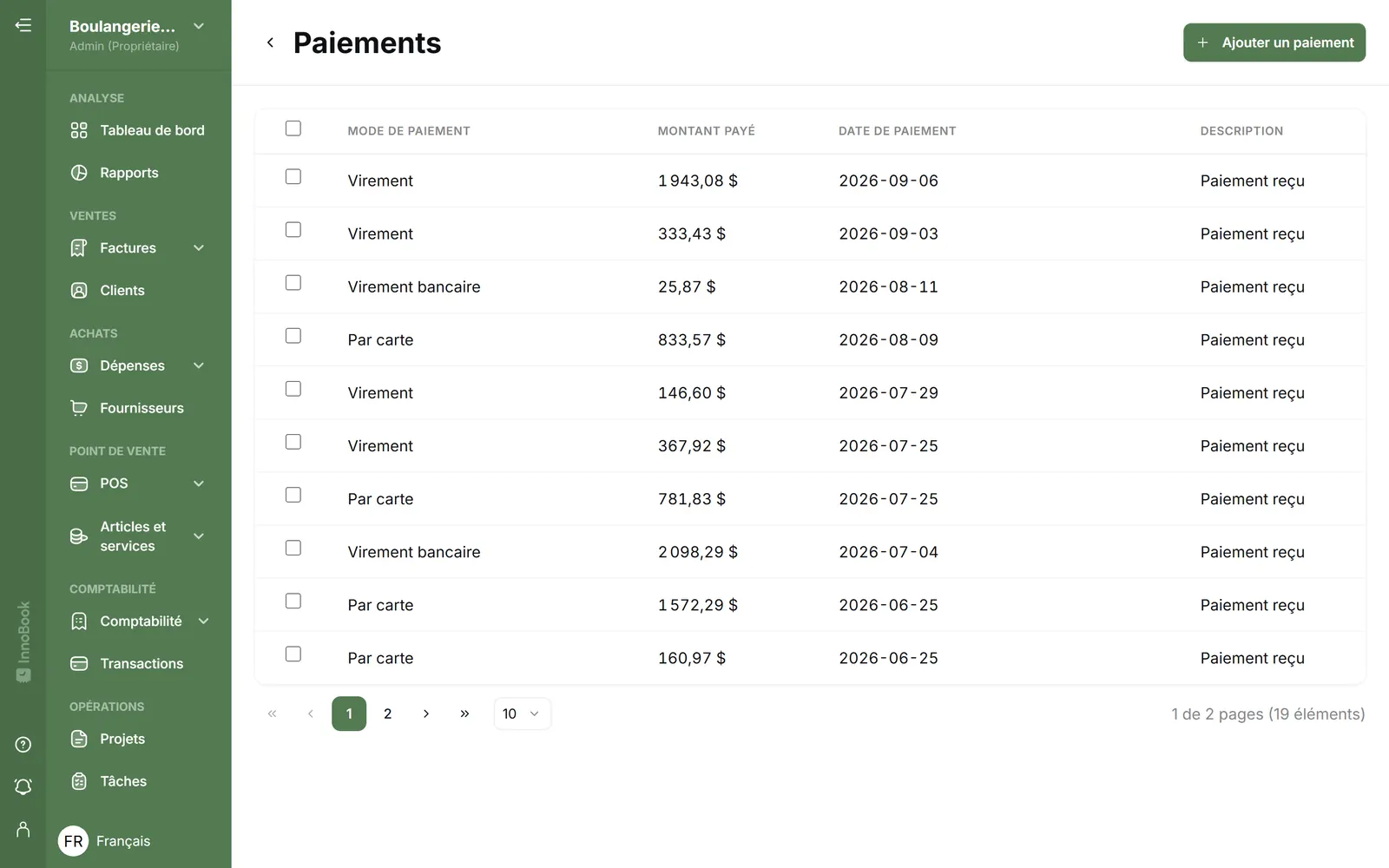 Liste des paiements InnoBooks par mode de paiement et date