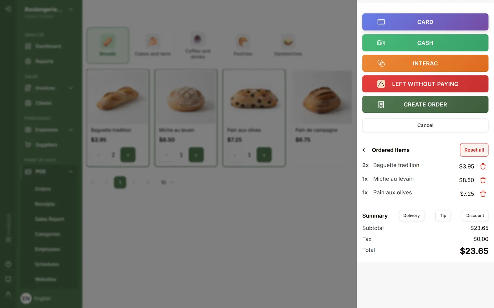 InnoBooks point of sale: cart, total with taxes and payment methods