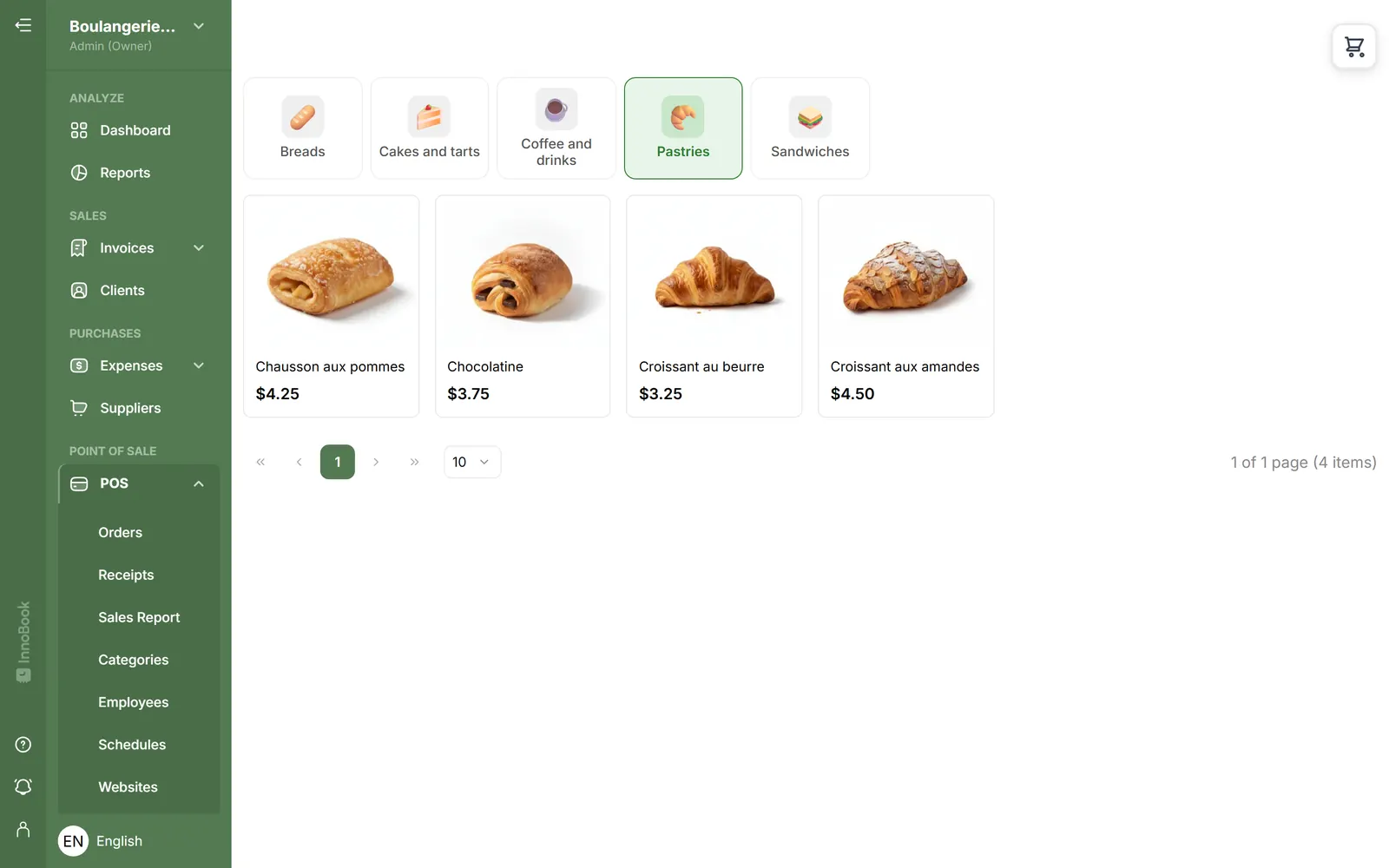 InnoBooks point of sale product grid with photos