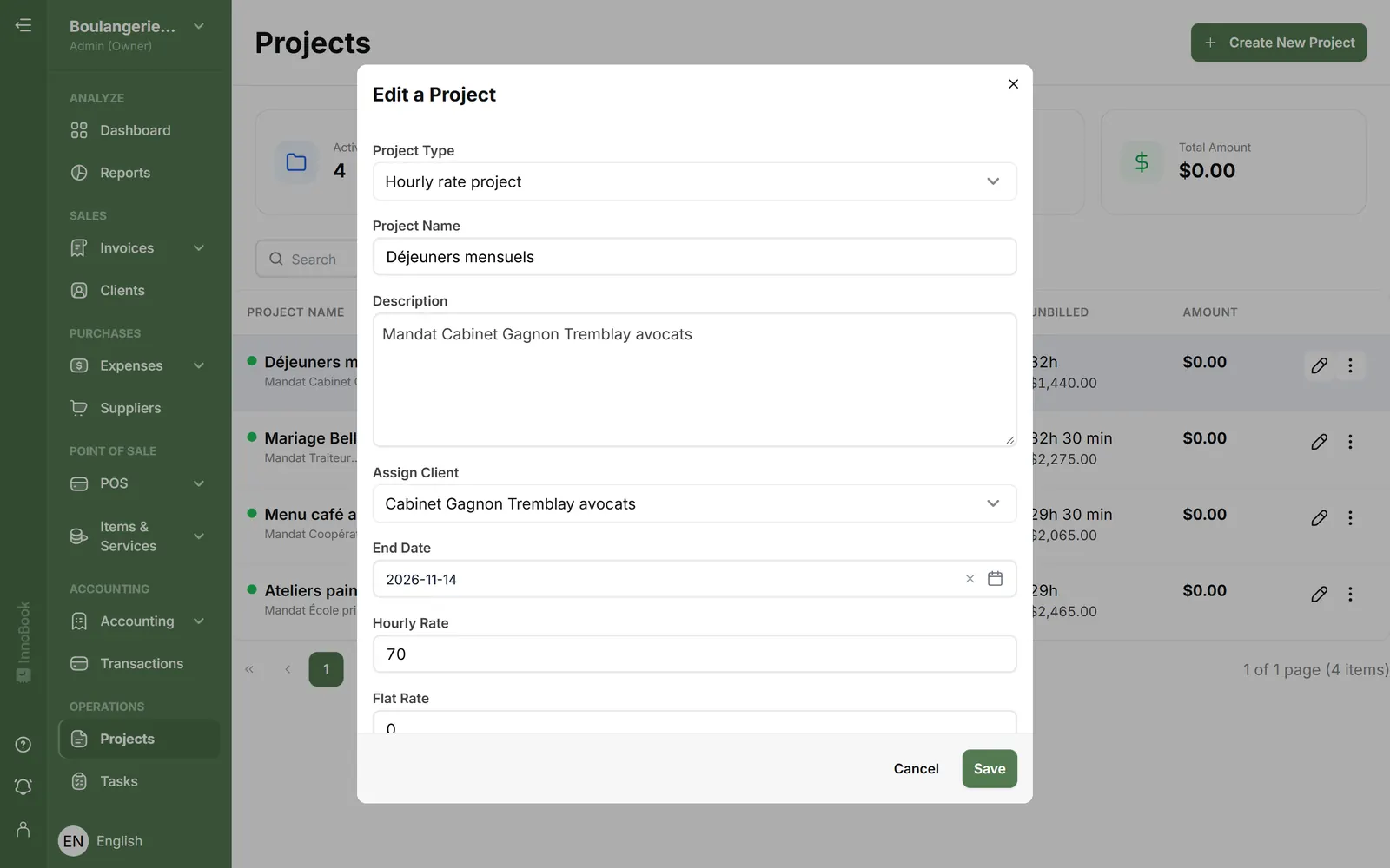Editing an hourly project in InnoBooks