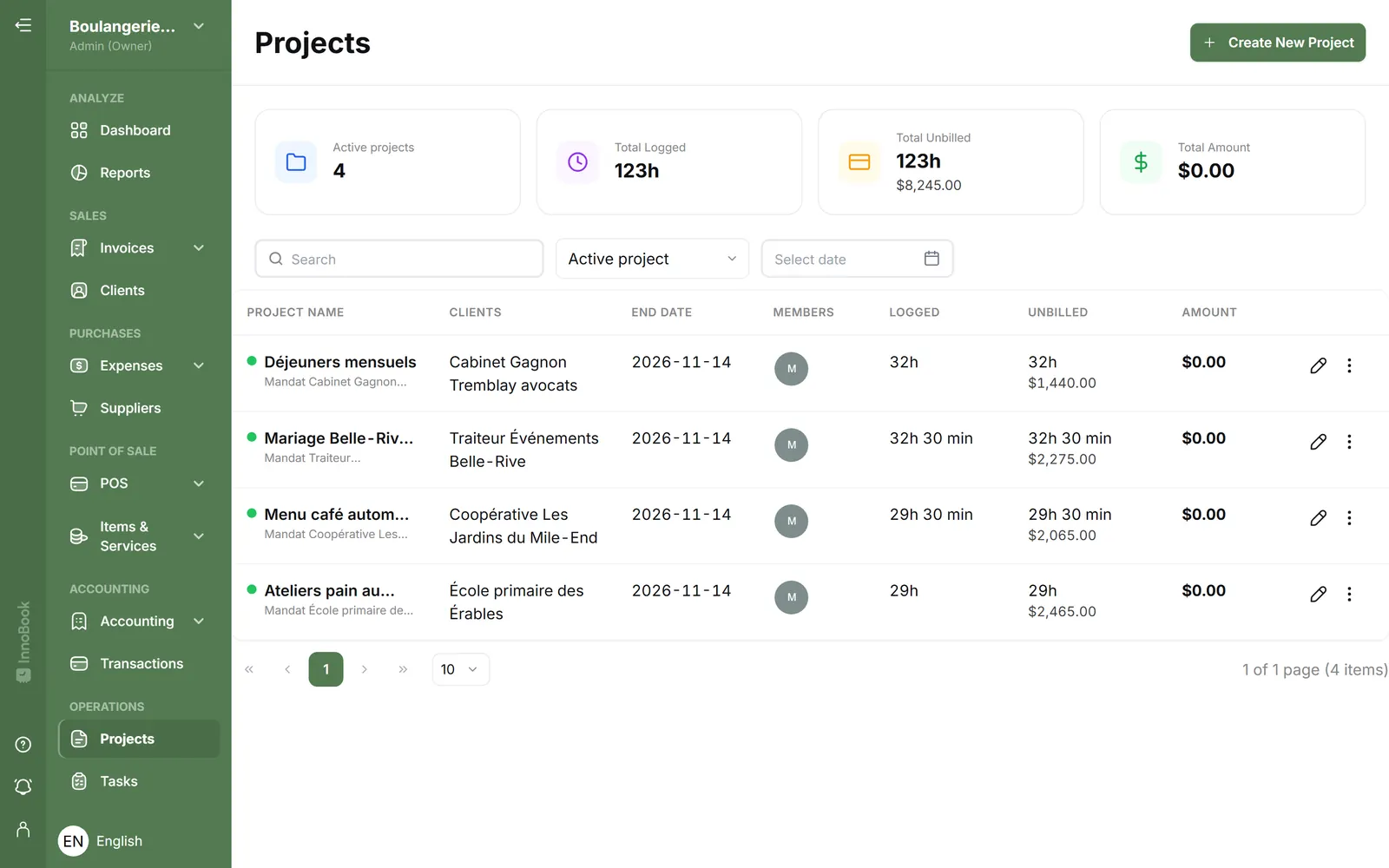 InnoBooks project list with client, logged and unbilled hours