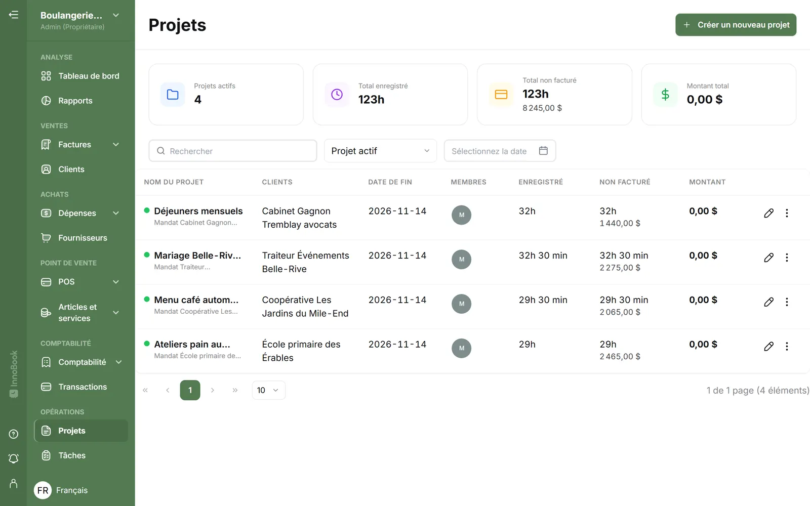 Liste des projets InnoBooks avec client, heures enregistrées et non facturées