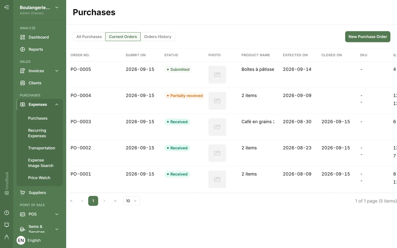 Open purchase orders in InnoBooks