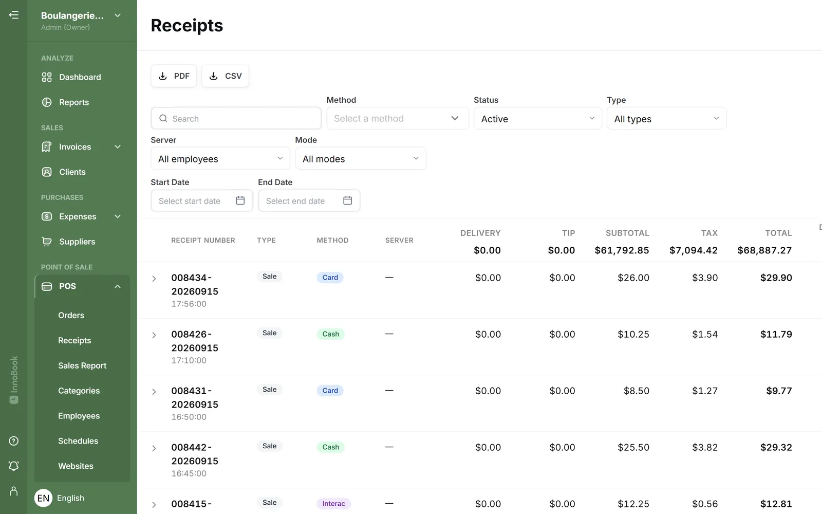 InnoBooks receipt list with payment method, taxes and total