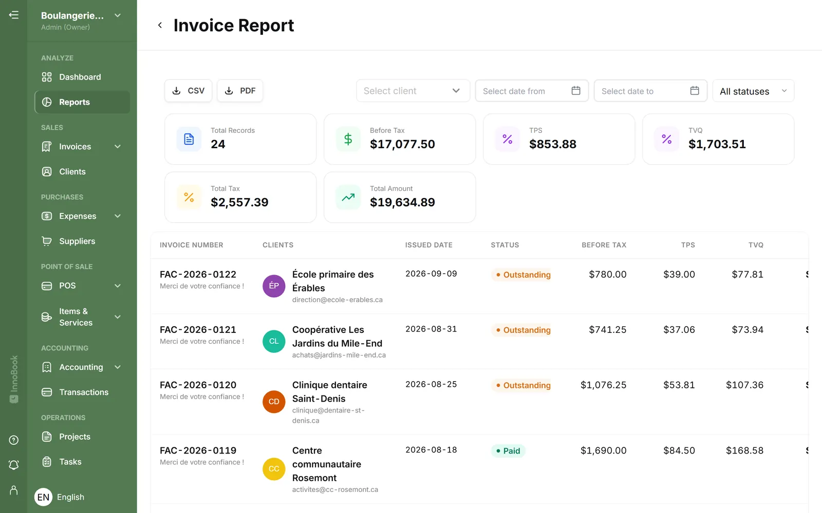InnoBooks invoice report with GST, QST and totals
