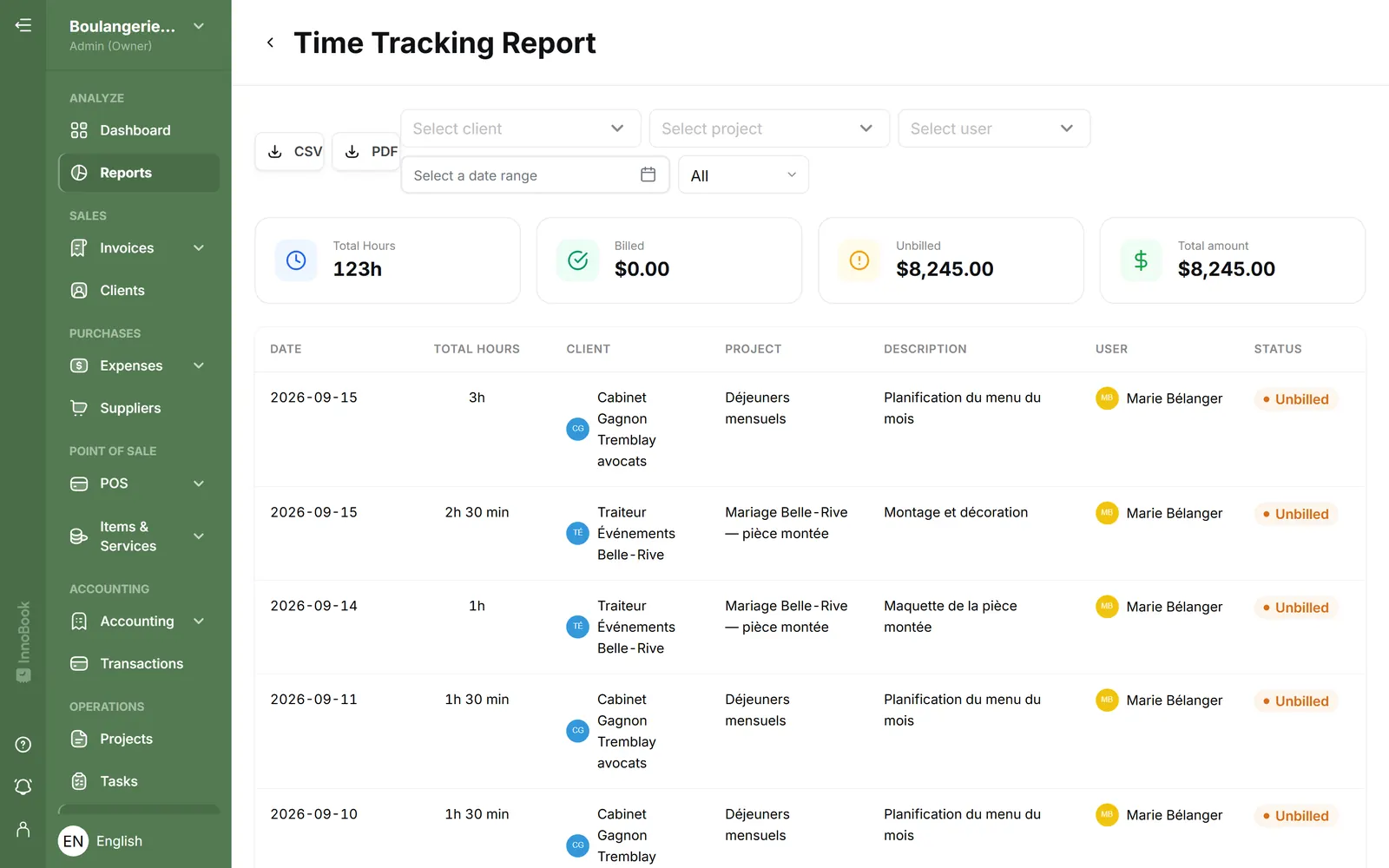 InnoBooks time tracking report: hours, billed and unbilled