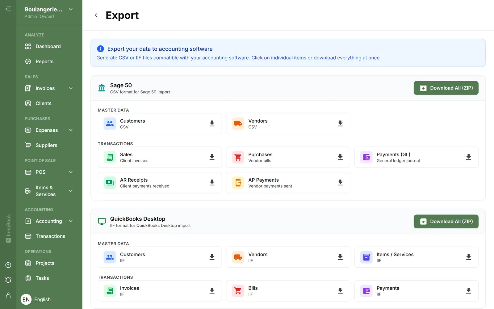 InnoBooks export to Sage 50 and QuickBooks Desktop