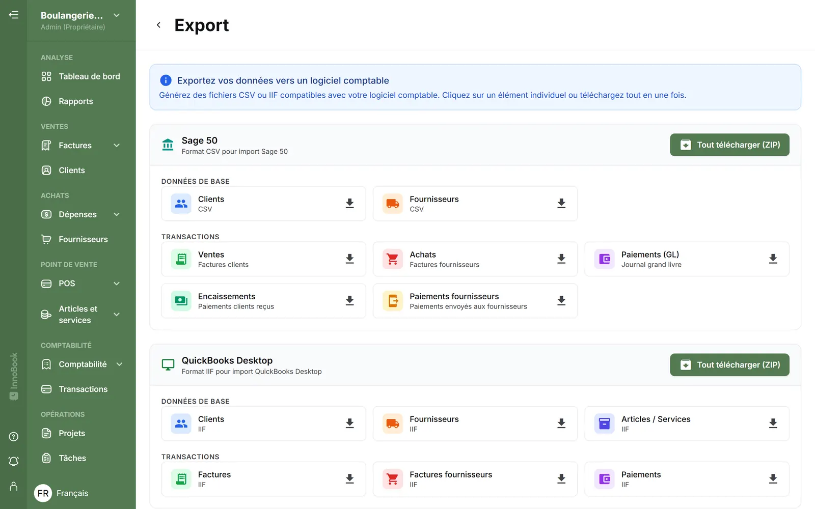 Export InnoBooks vers Sage 50 et QuickBooks Desktop