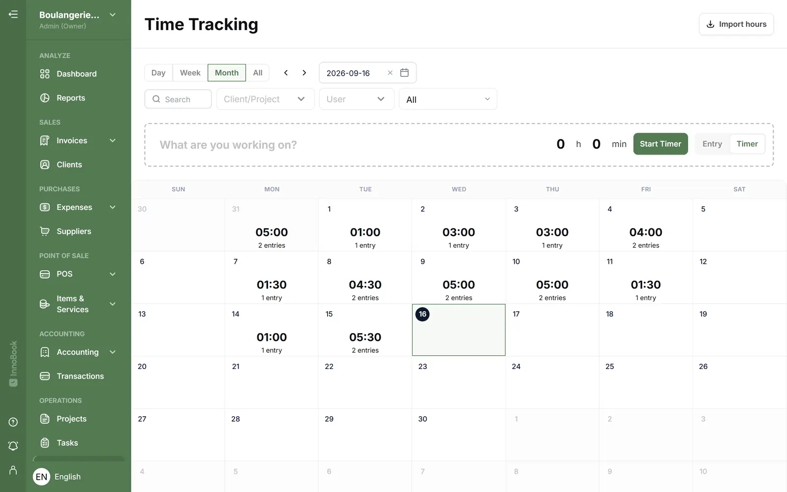 InnoBooks monthly time tracking calendar with the hours of each day
