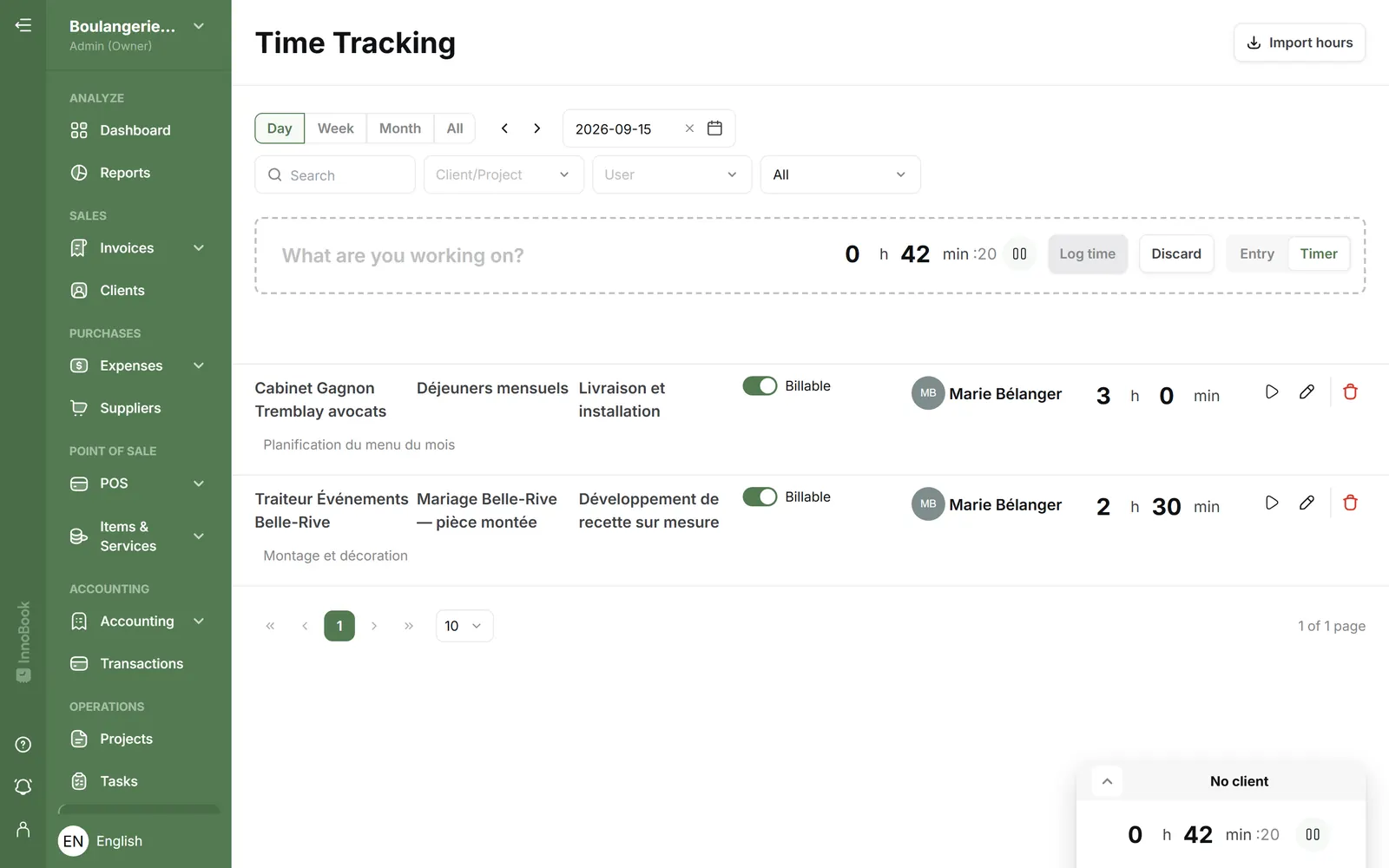 InnoBooks timer running in time tracking