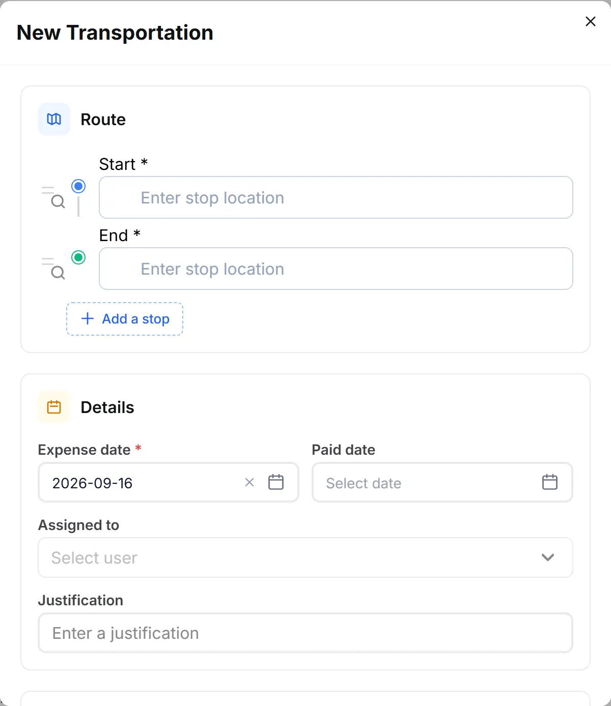 InnoBooks new trip form with the route
