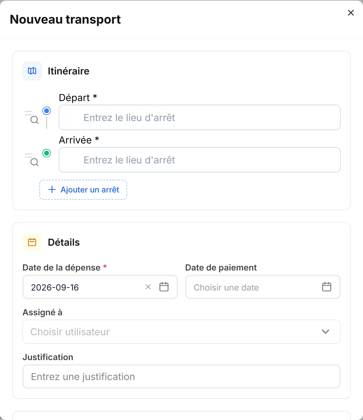 Formulaire de nouveau transport InnoBooks avec l'itinéraire