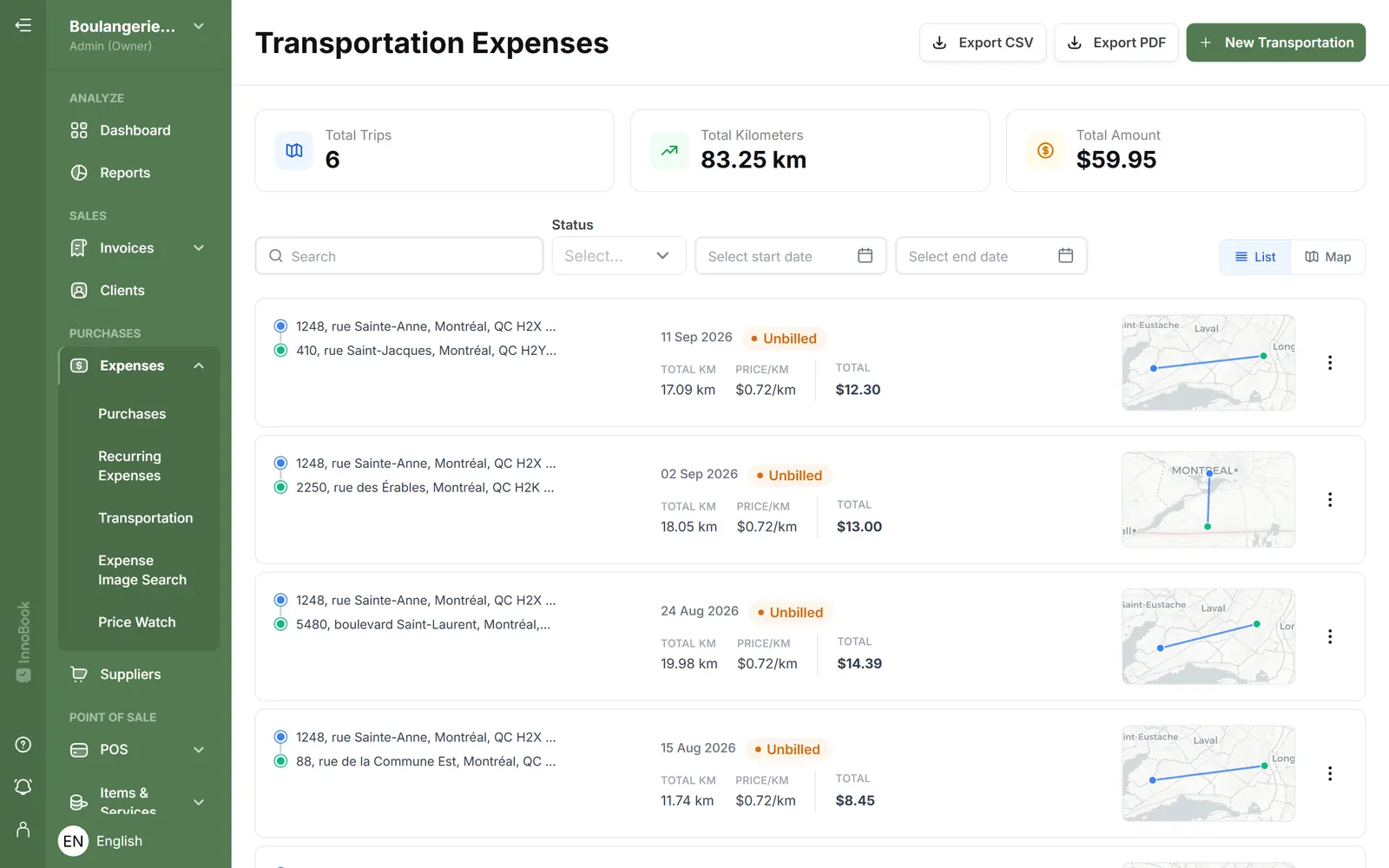 InnoBooks transportation expenses: trips, kilometres and amount