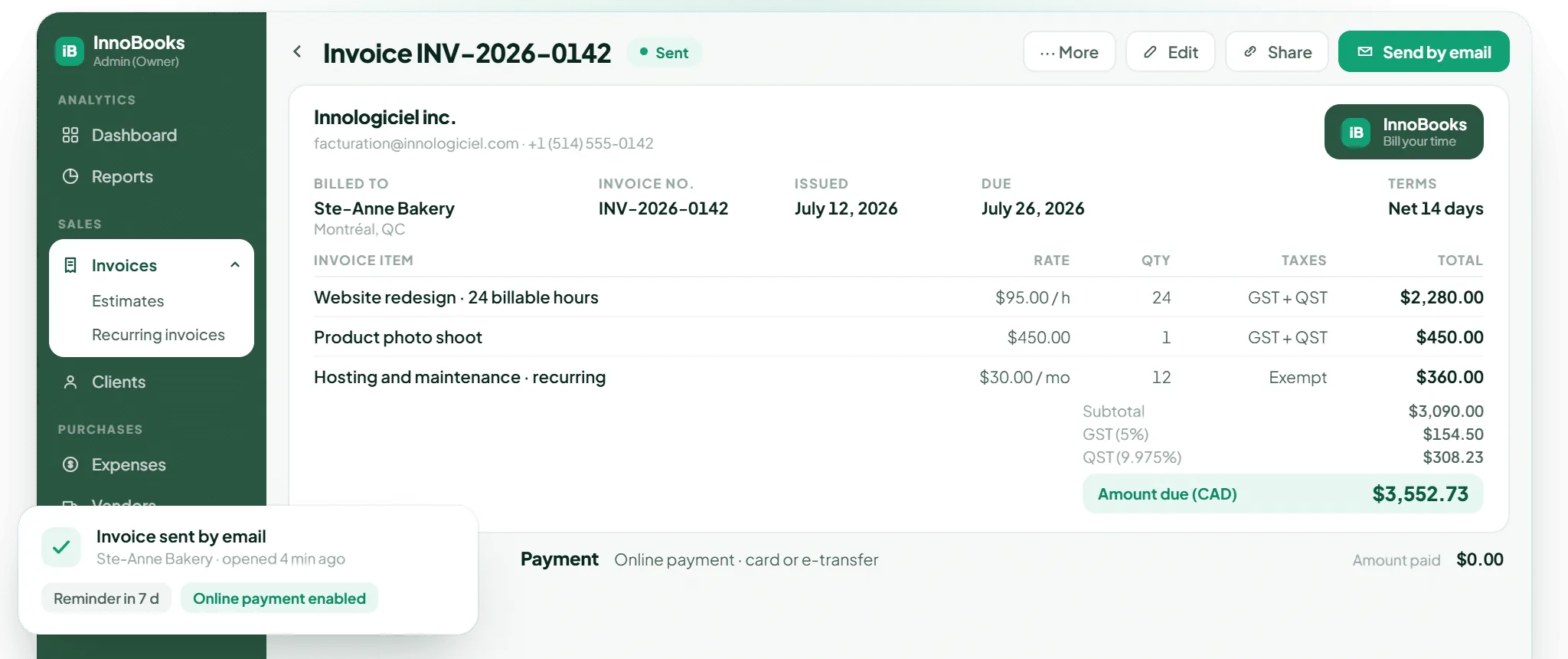InnoBooks web application: invoice with GST/QST taxes and online payment
