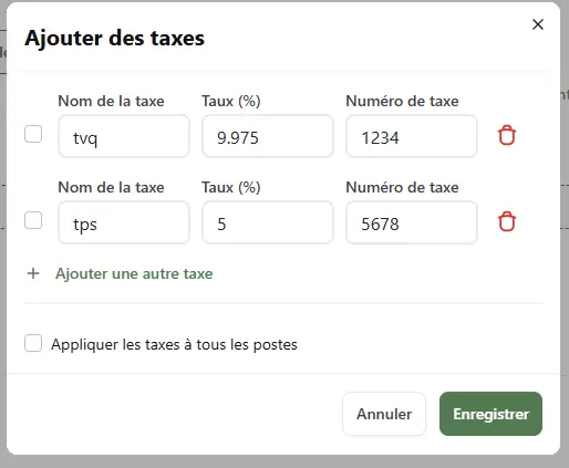 Calcul automatique des taxes TPS et TVQ sur une facture InnoBooks