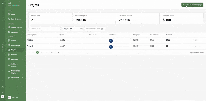 Animation de la fonctionnalité projets InnoBooks