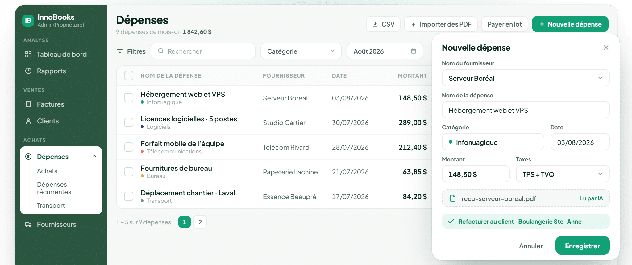 Dépenses InnoBooks : liste avec catégories, taxes TPS/TVQ et reçu lu par IA