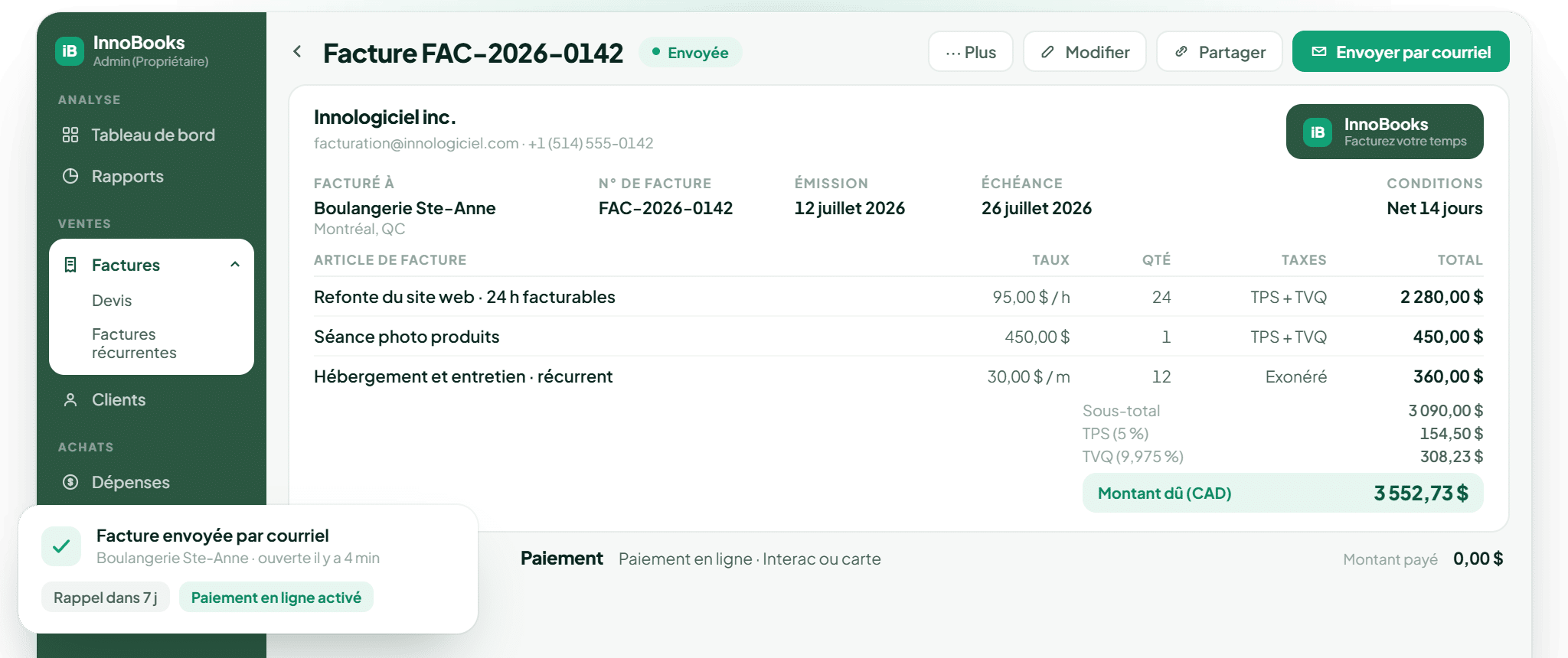 Facture InnoBooks : envoi par courriel, taxes TPS/TVQ et paiement en ligne