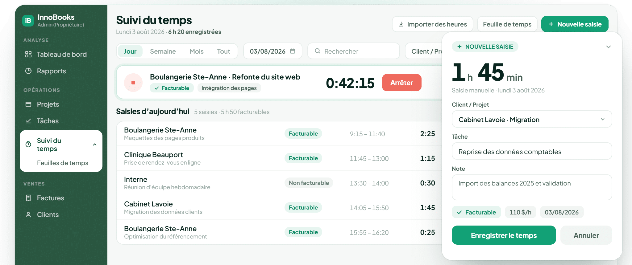 Suivi du temps InnoBooks : minuteur en cours, saisies facturables et feuilles de temps